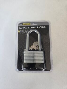 Pro Essentials 1.5" Laminated Steel Padlock Long Shackle 2 Keys New